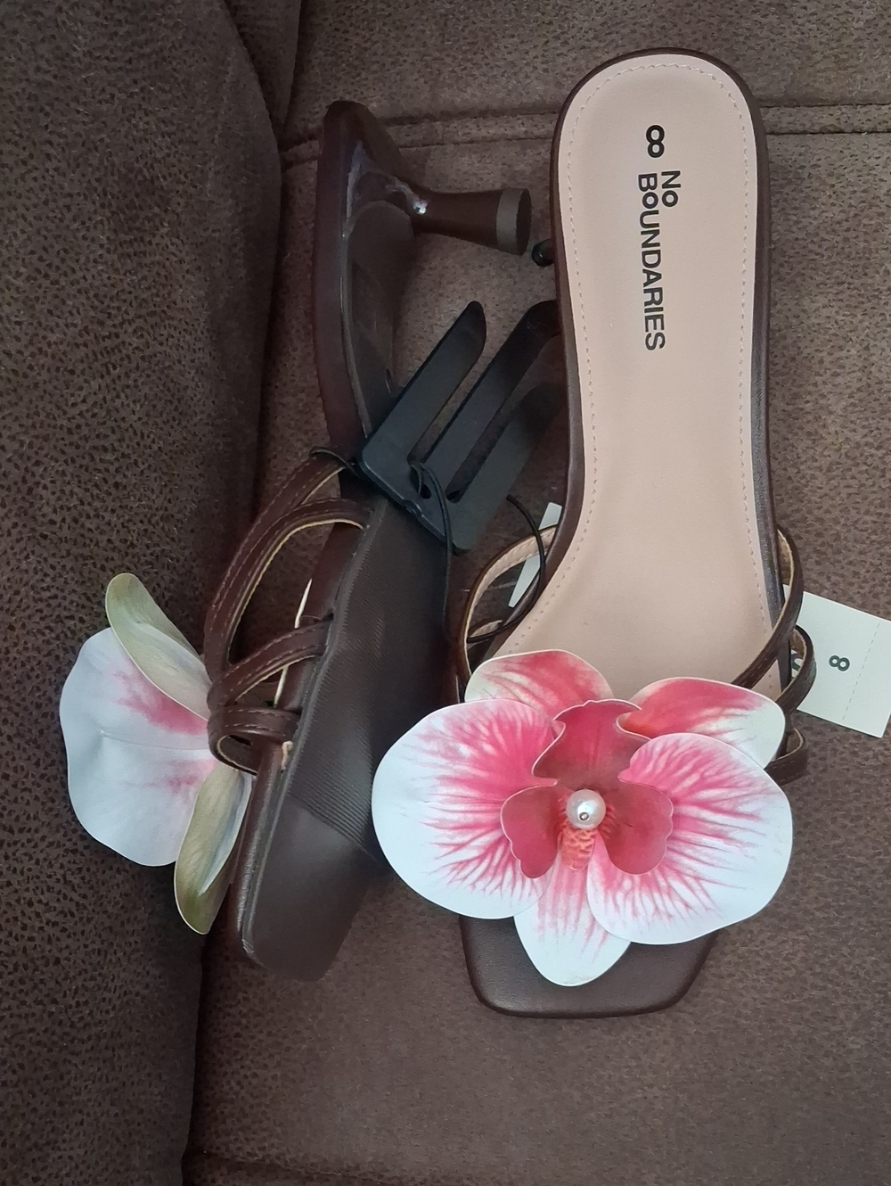 No Boundaries Brown Mules with Pink Floral Orchid Accent Size 8